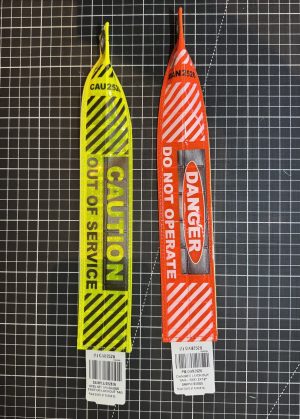 Plane Sights caution and danger lockout tags, yellow and red, 2 x 12 inch, side by side